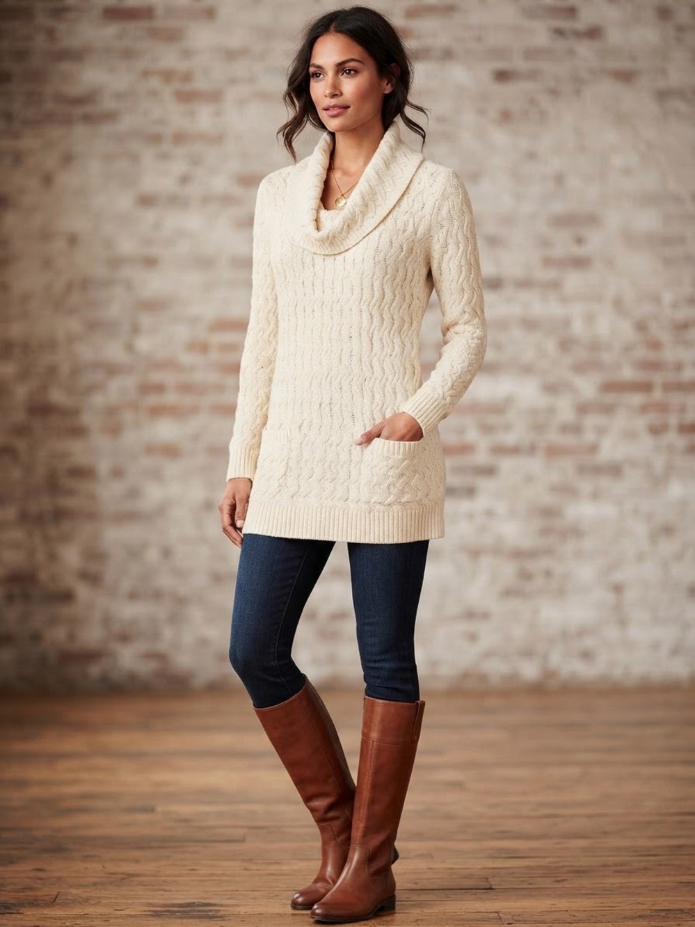 Jenne Pierre Cream Chunky Cable Knit Shawl Neck Sweater Tunic